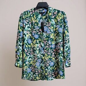 Investments Dark Green Floral V-Neck Blouse with Pastel Accents